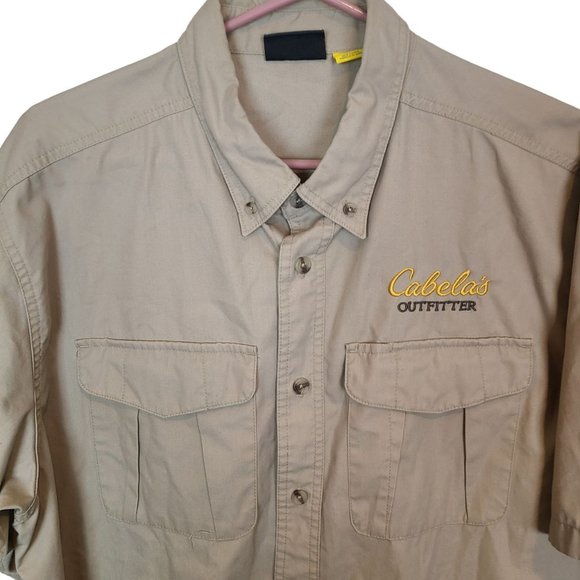 Cabela's Mens L Tan Short Sleeves Button Down Outfitters Safari Shirt Pockets - Picture 2 of 6